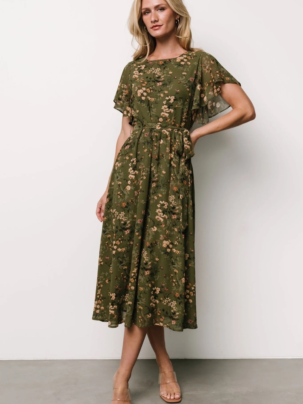 Baltic Born Olive Green Floral Midi Dress with Flutter Sleeves - Picture 8 of 8